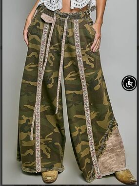 Wide-Leg Camo Print Casual Pants with Embroidered Trim - Olive Green
